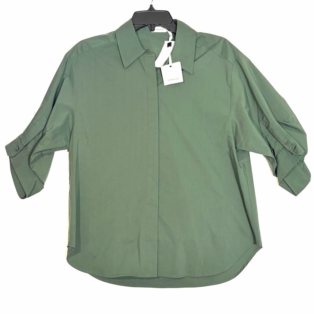 Jonathan Simkhai Gemma Three Quarter Sleeve Button Blouse Botanical Green NEW S